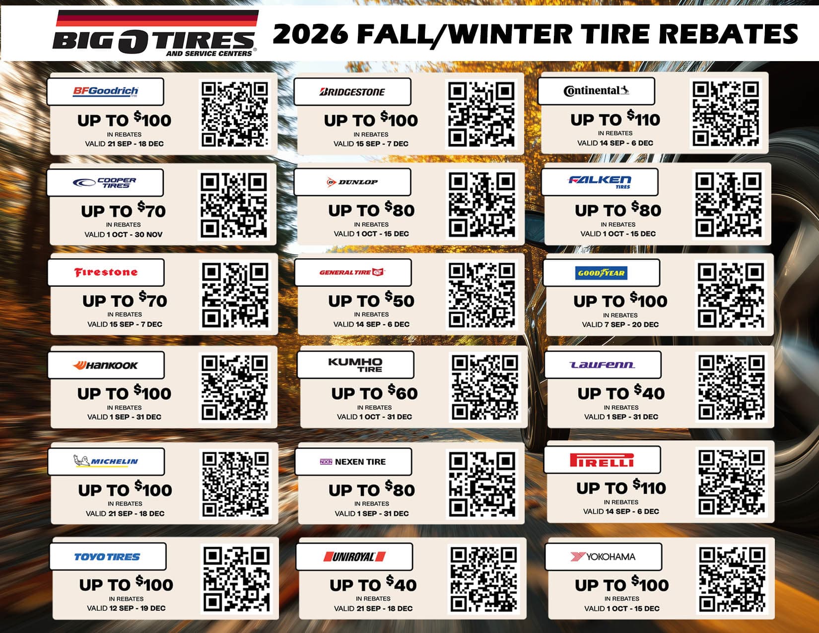 Big O Tires Vernon 2026 Fall/Winter tire rebates poster